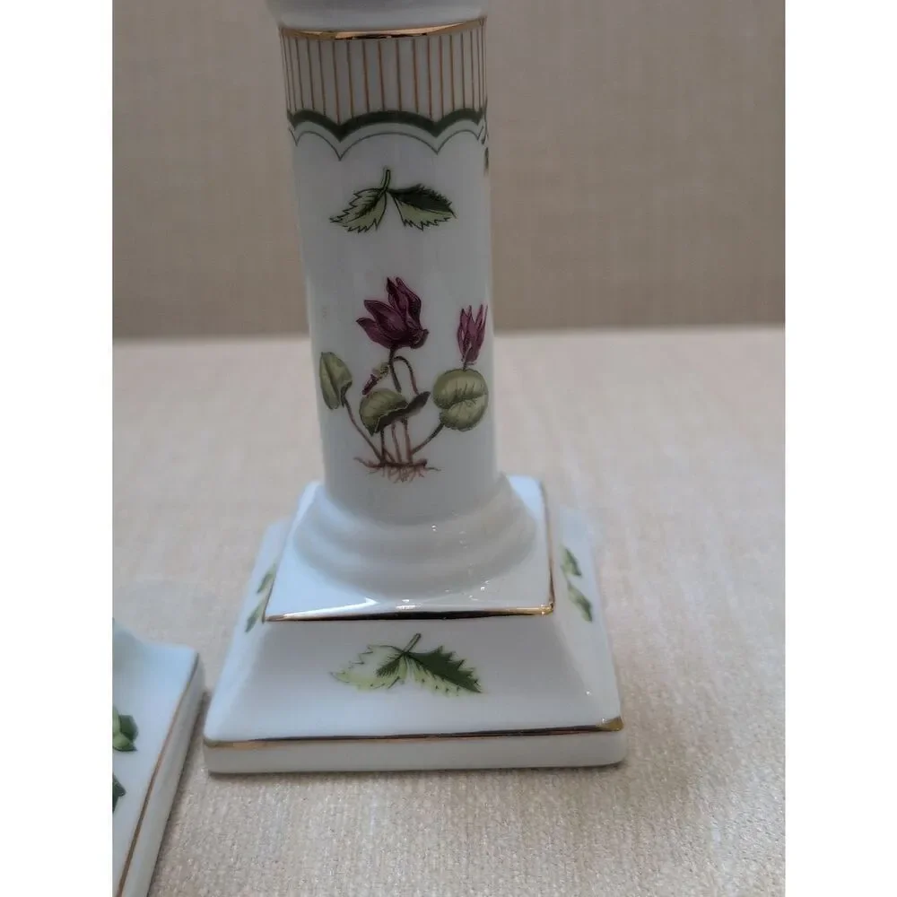 Porcelain Floral Candle Holders - White with Green and Floral Accents